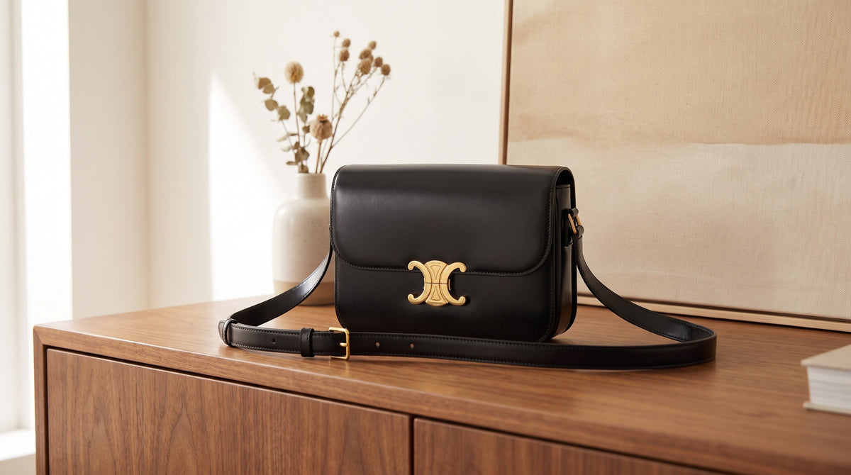 Authenticated pre-owned Celine bag on a walnut credenza