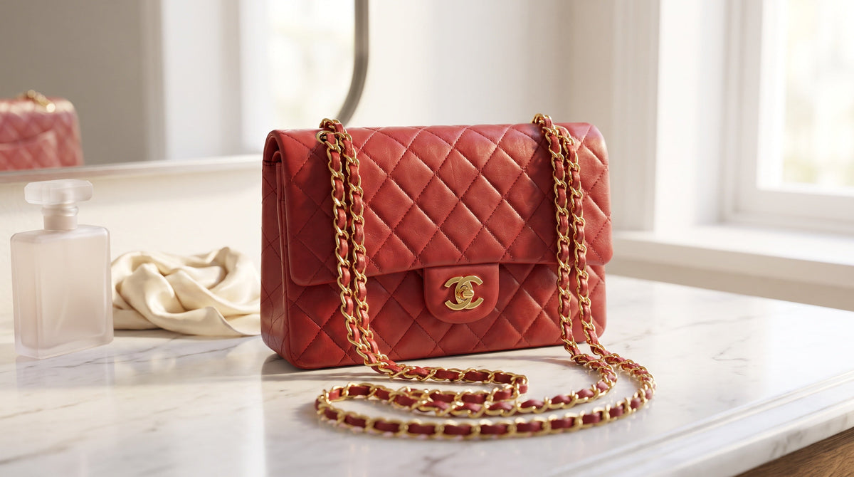 Authenticated pre-owned Chanel flap bag on a Paris cafe table