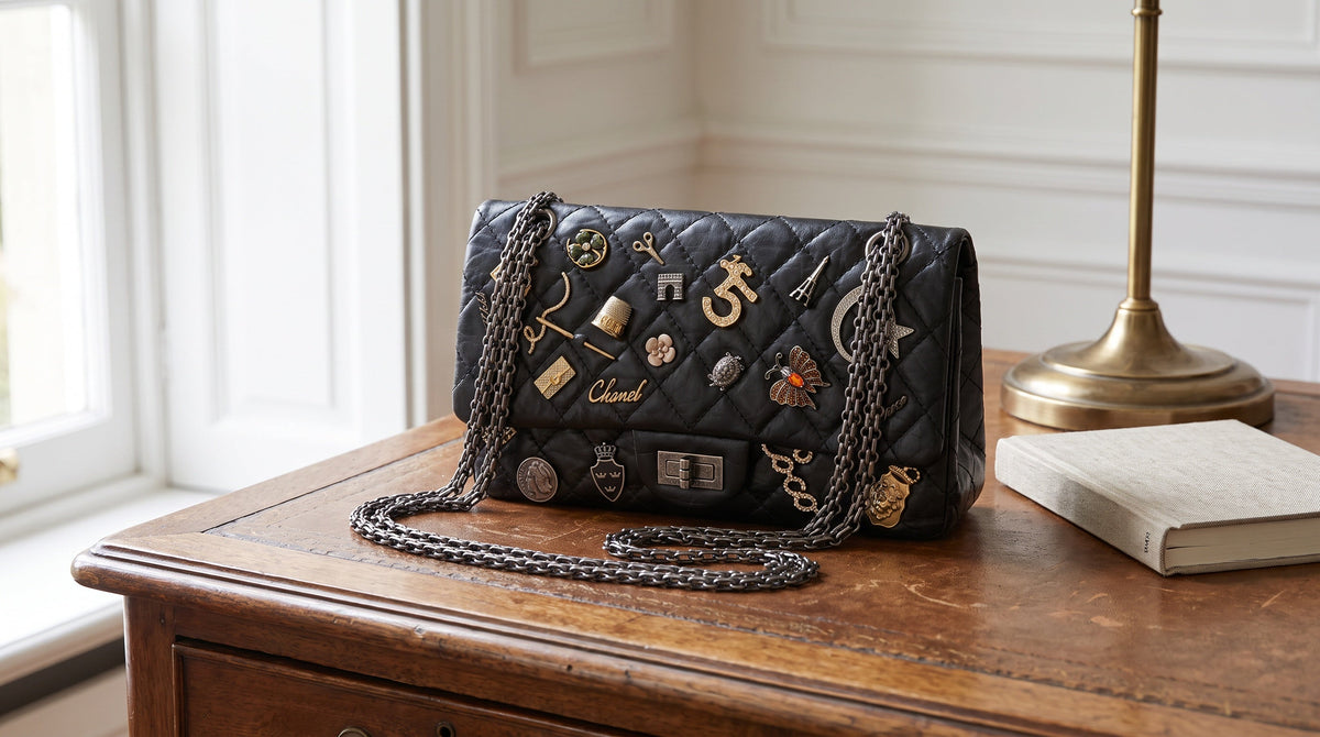 Authenticated pre-owned Chanel 2.55 Reissue on an antique writing desk