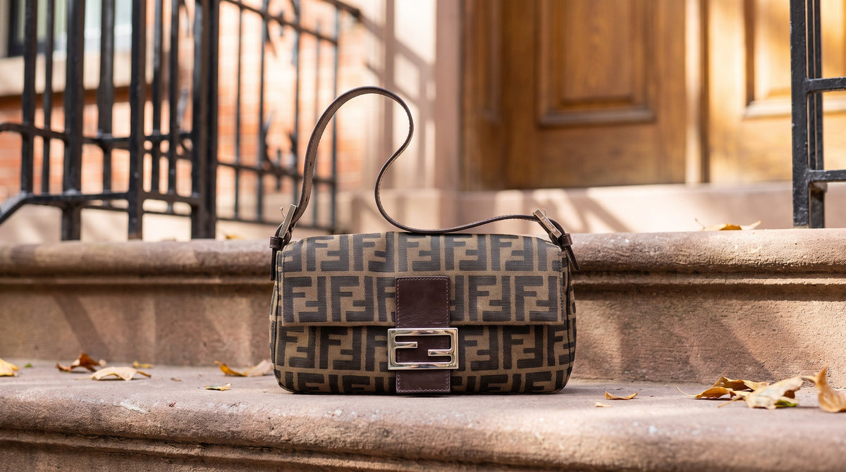 Authenticated pre-owned Fendi Baguette on New York brownstone steps