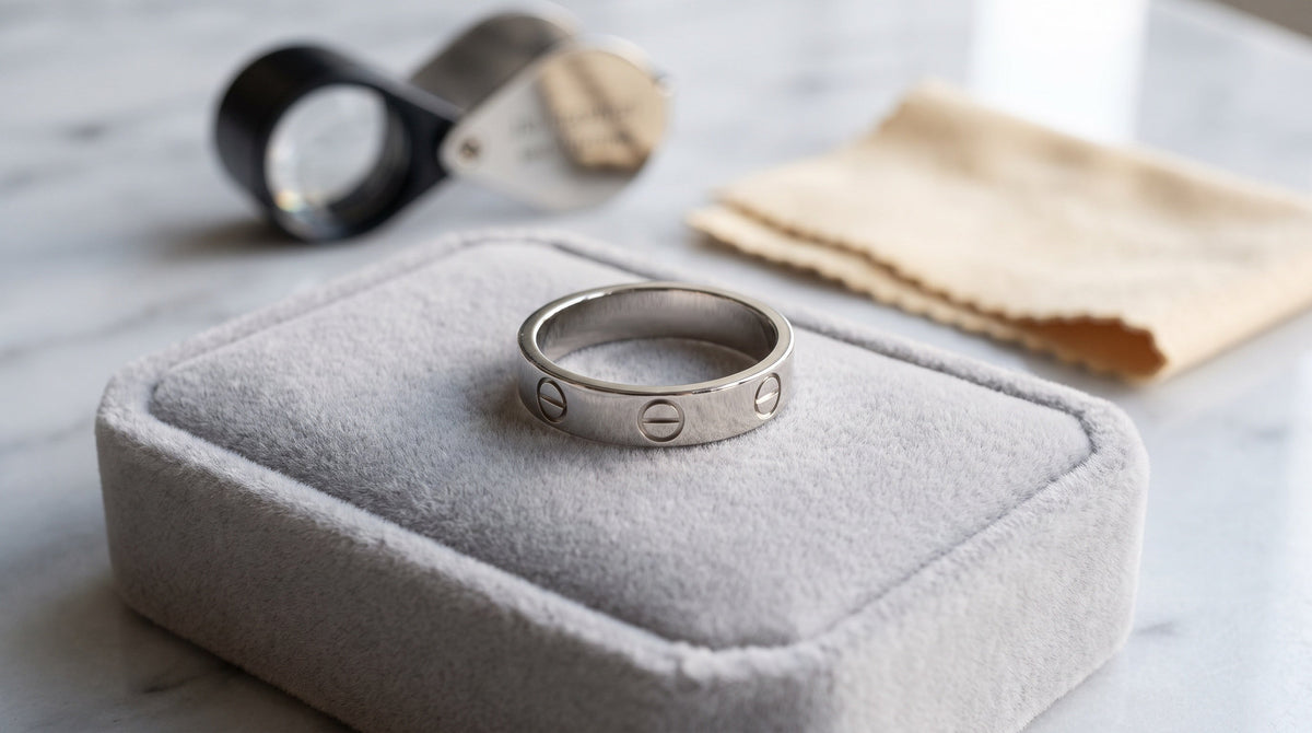 Authenticated pre-owned Cartier Love bracelet on a velvet jewellery tray