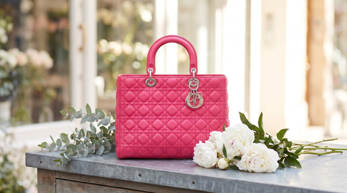 Authenticated pre-owned Lady Dior bag on a florist's counter