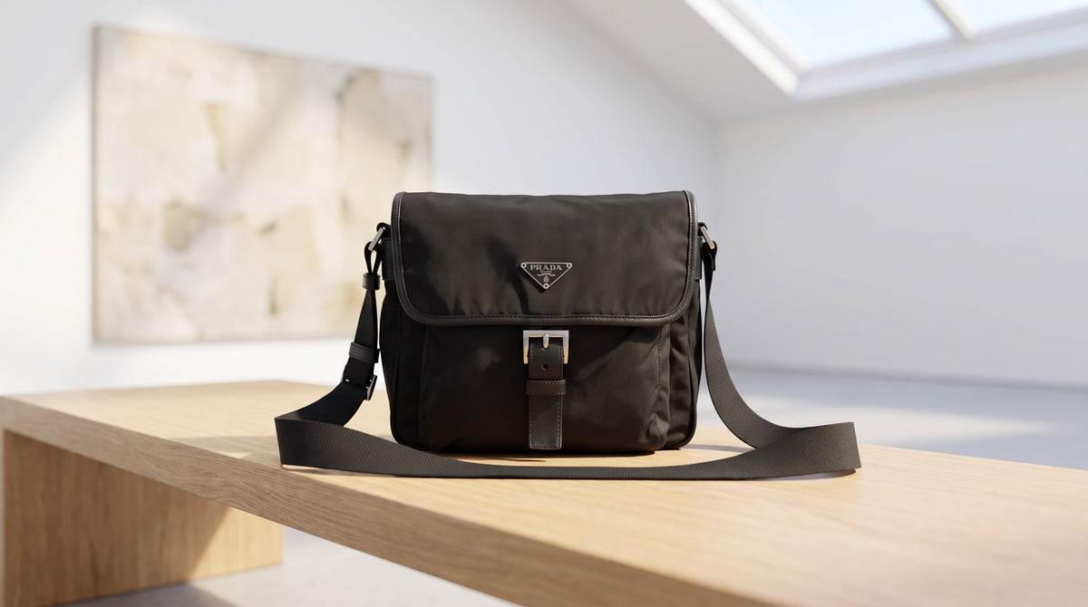 Authenticated pre-owned Prada bag on a gallery bench