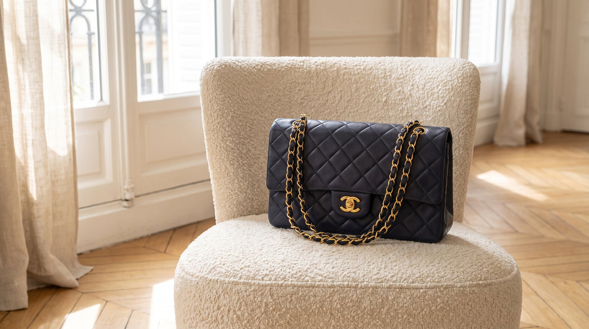 Authenticated pre-owned Chanel Classic Flap on a Paris cafe table