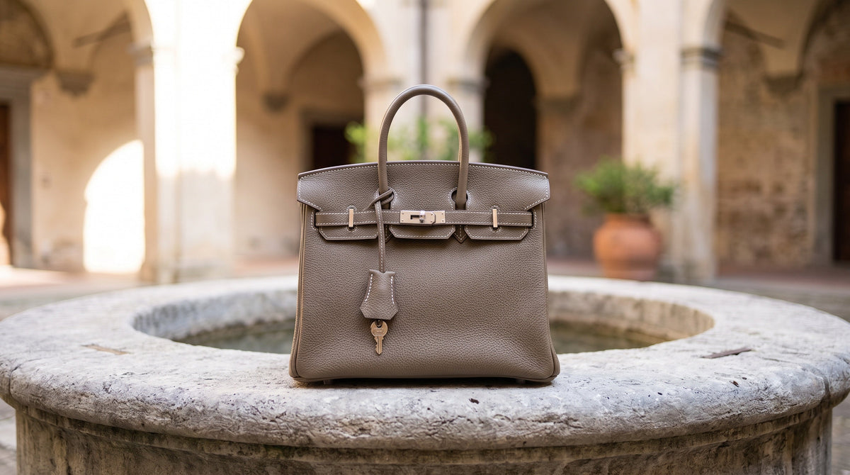 Authenticated pre-owned Hermès Birkin on a palazzo fountain rim