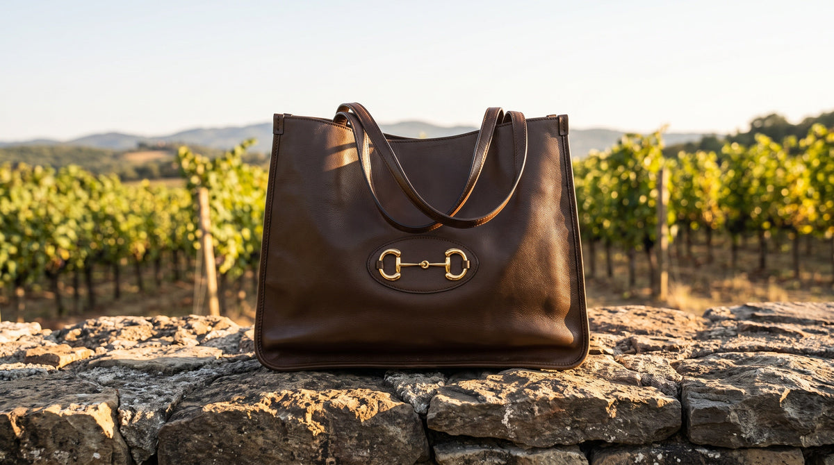 Authenticated pre-owned Italian designer bag on a stone wall in a vineyard