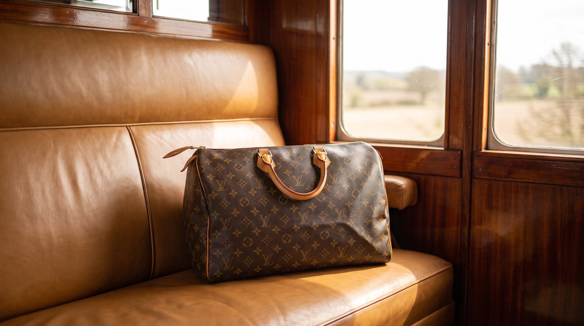 Authenticated pre-owned Louis Vuitton bag on a vintage train banquette