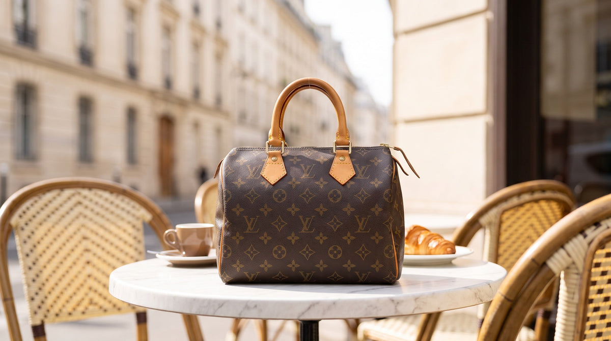 Authenticated pre-owned Louis Vuitton bag on a Paris cafe table