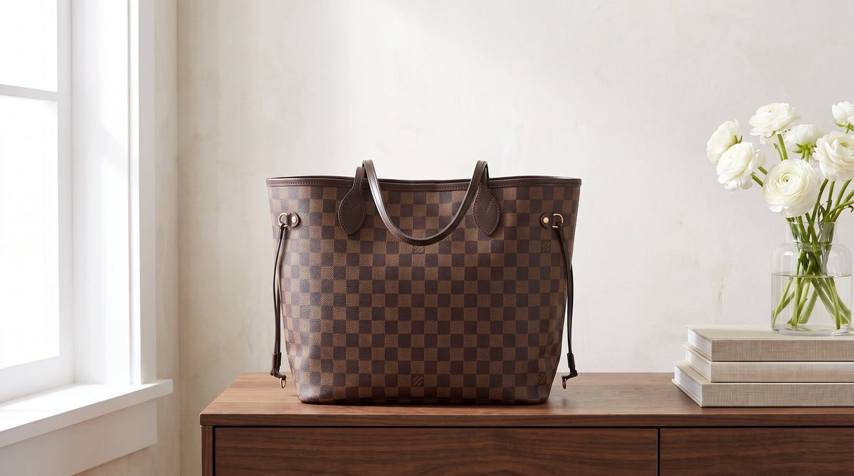 Authenticated pre-owned Louis Vuitton Neverfull tote on a Paris cafe table