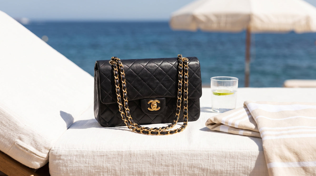 Authenticated pre-owned Chanel flap bag on a sunny terrace