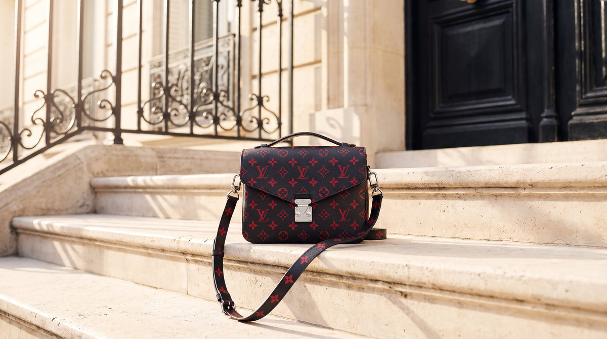 Authenticated pre-owned Louis Vuitton Pochette Metis on a Paris cafe table