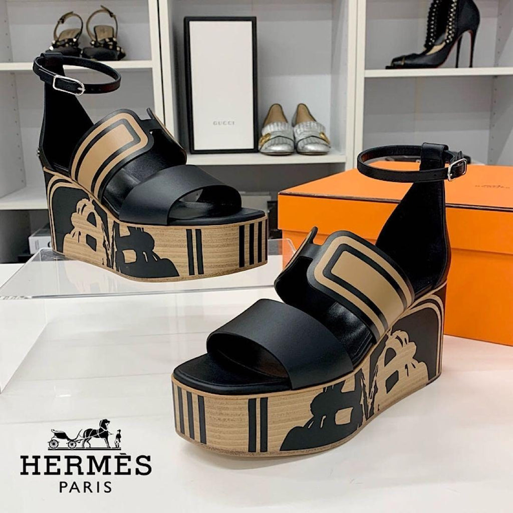 Hermes Charis Leather Wedge Sole Sandals Black