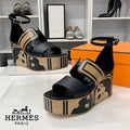 Hermes Charis Leather Wedge Sole Sandals Black
