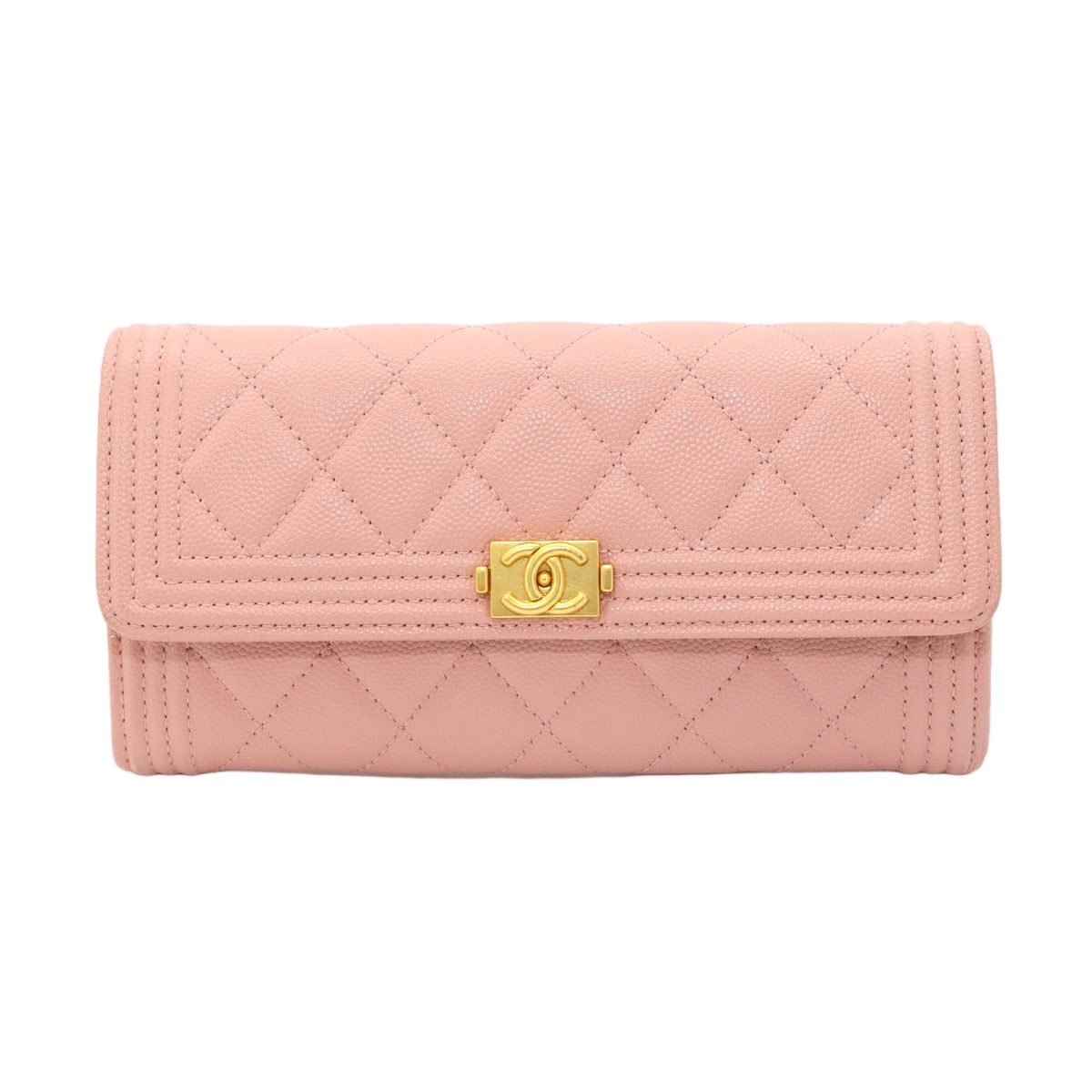 Chanel Quilted Bifold Wallet Caviar Leather Pink Gold