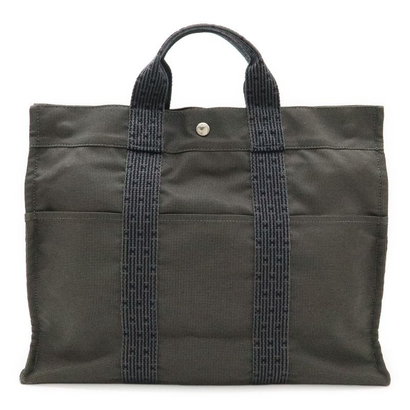 Hermes Her Line Tote MM Bag Handbag Canvas Gray Black Silver Hardware New