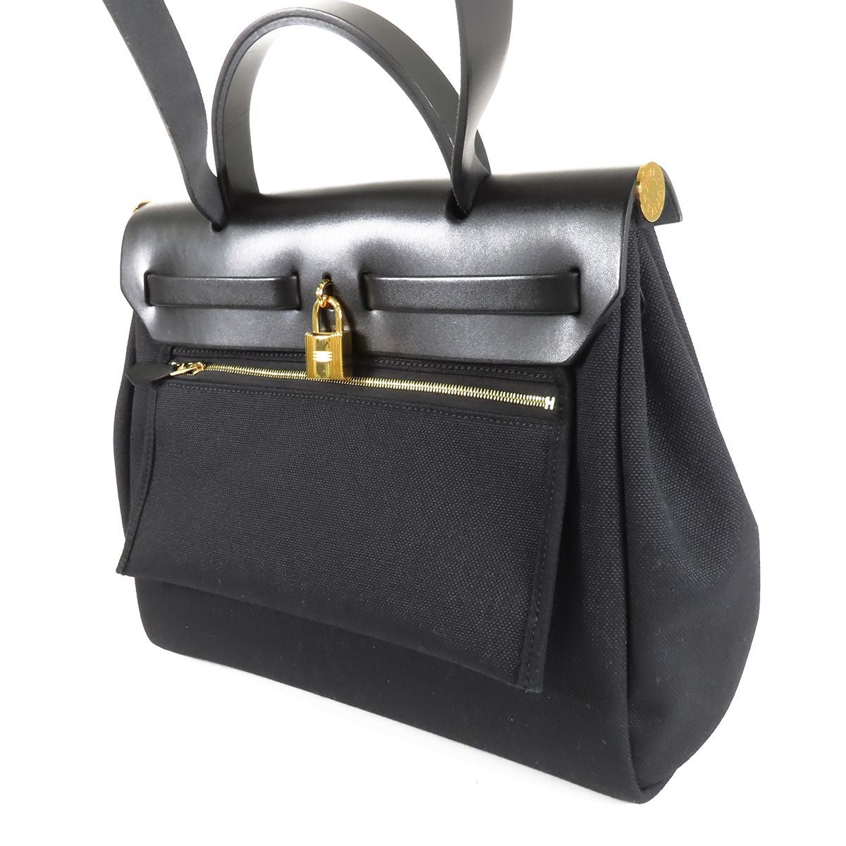Hermes Herbag Zip 31 PM Black Gold Vache Hunter Toile Officier Retourne 2-Way — view 2