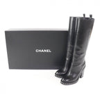 Chanel CC Logo Chain Decoration Chunky Heel Leather Long Boots Black — view 2