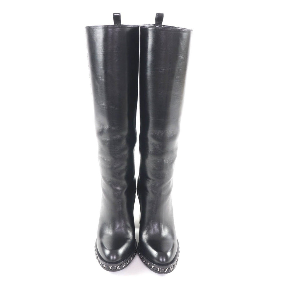 Chanel CC Logo Chain Decoration Chunky Heel Leather Long Boots Black — view 4