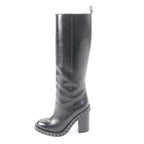 Chanel CC Logo Chain Decoration Chunky Heel Leather Long Boots Black — view 5