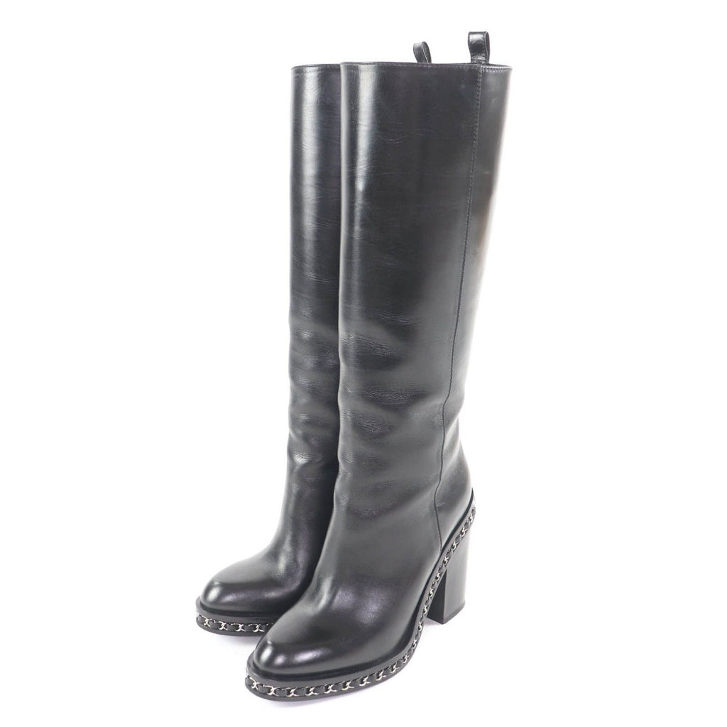 Chanel CC Logo Chain Decoration Chunky Heel Leather Long Boots Black