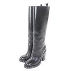 Chanel CC Logo Chain Decoration Chunky Heel Leather Long Boots Black