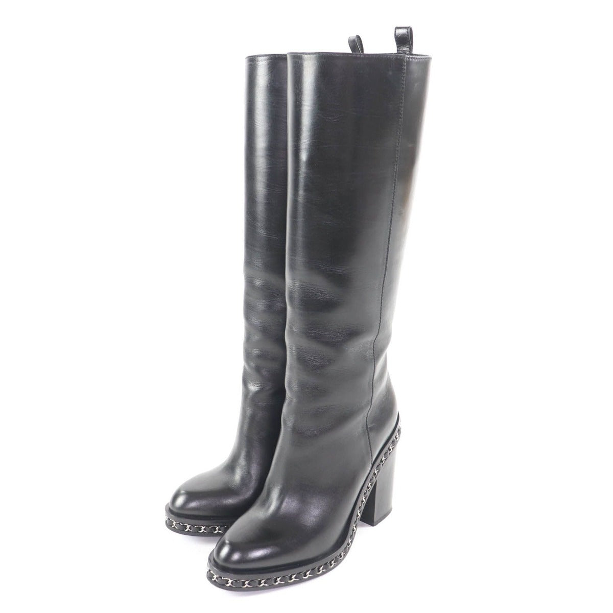 Chanel CC Logo Chain Decoration Chunky Heel Leather Long Boots Black