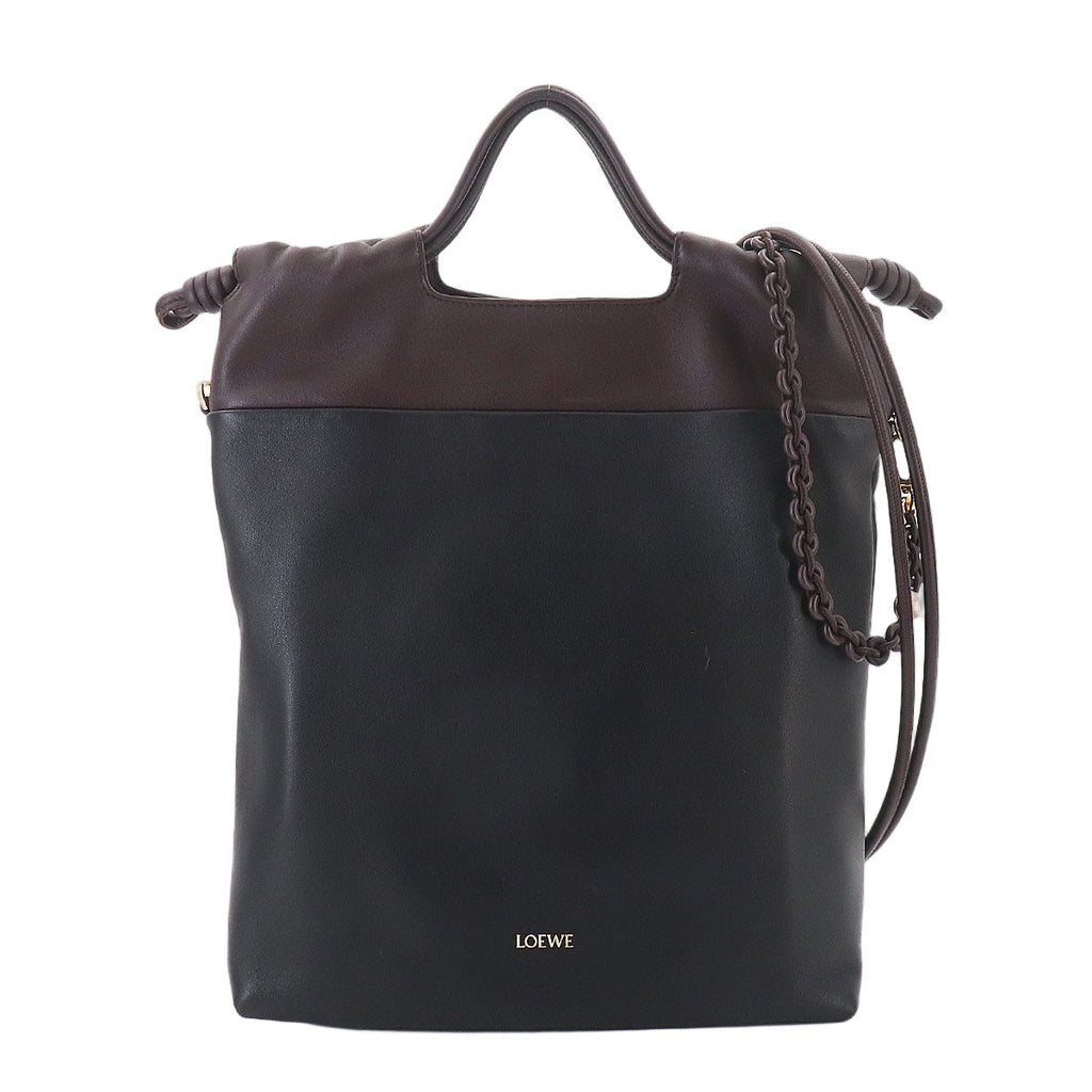 Loewe Flamenco Purse Tote 2-Way Shoulder Bag Leather Black Dark Brownie