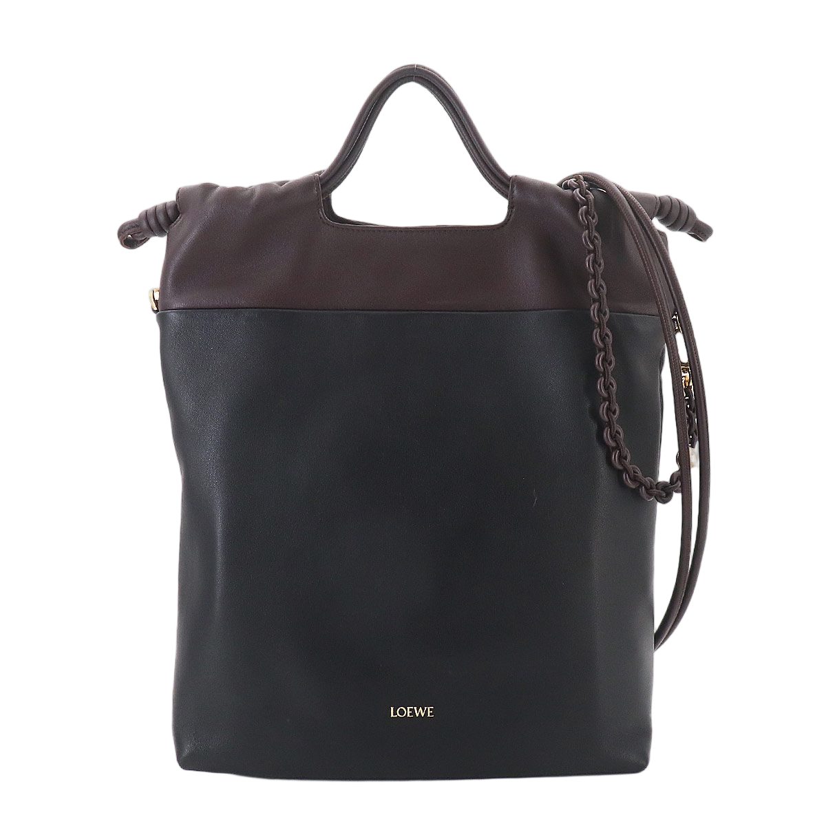 Loewe Flamenco Purse Tote 2-Way Shoulder Bag Leather Black Dark Brownie