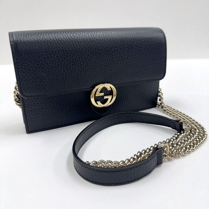 Gucci Interlocking Chain Wallet Black Leather Gold