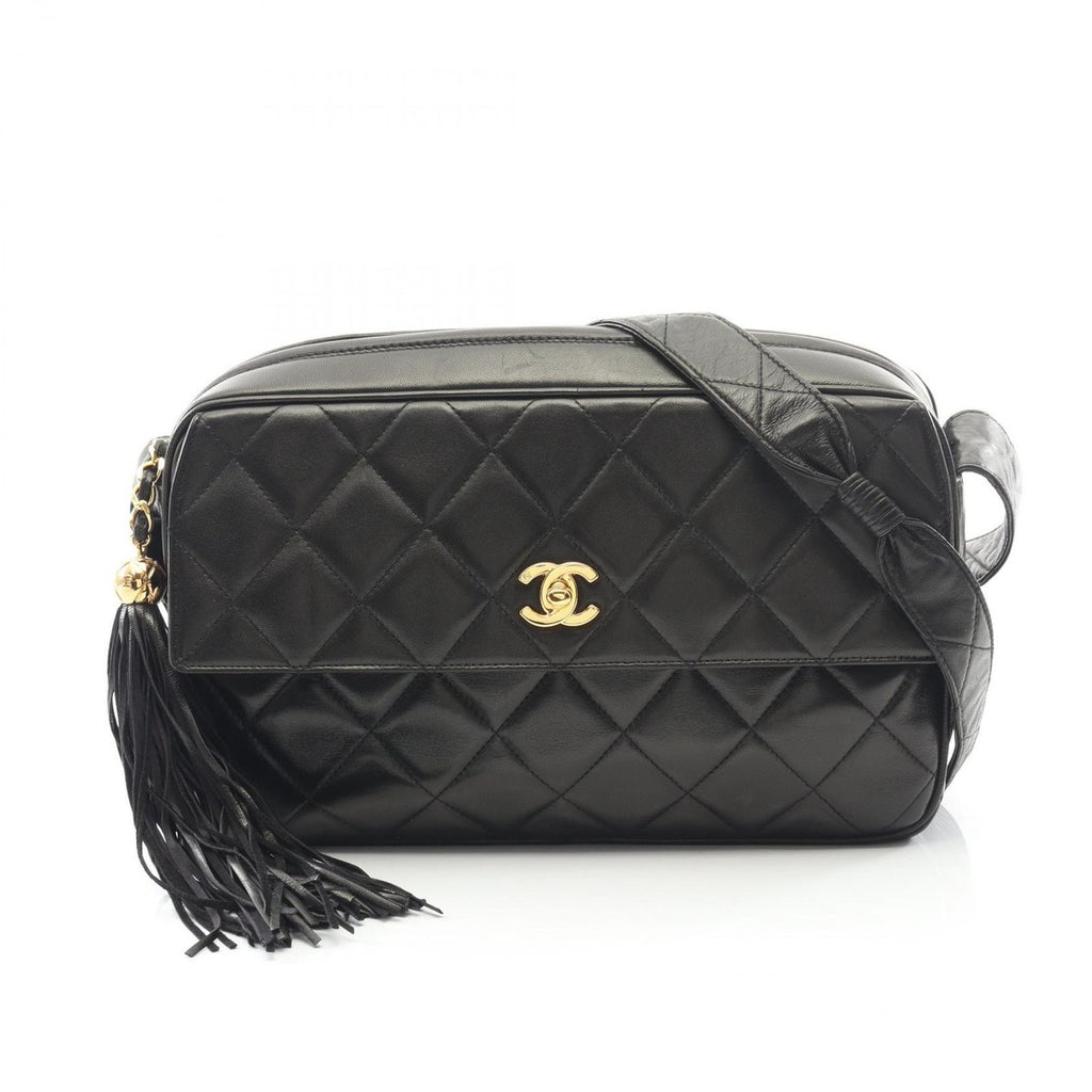 Chanel Shoulder Bag Quilted Black Lambskin Fringe