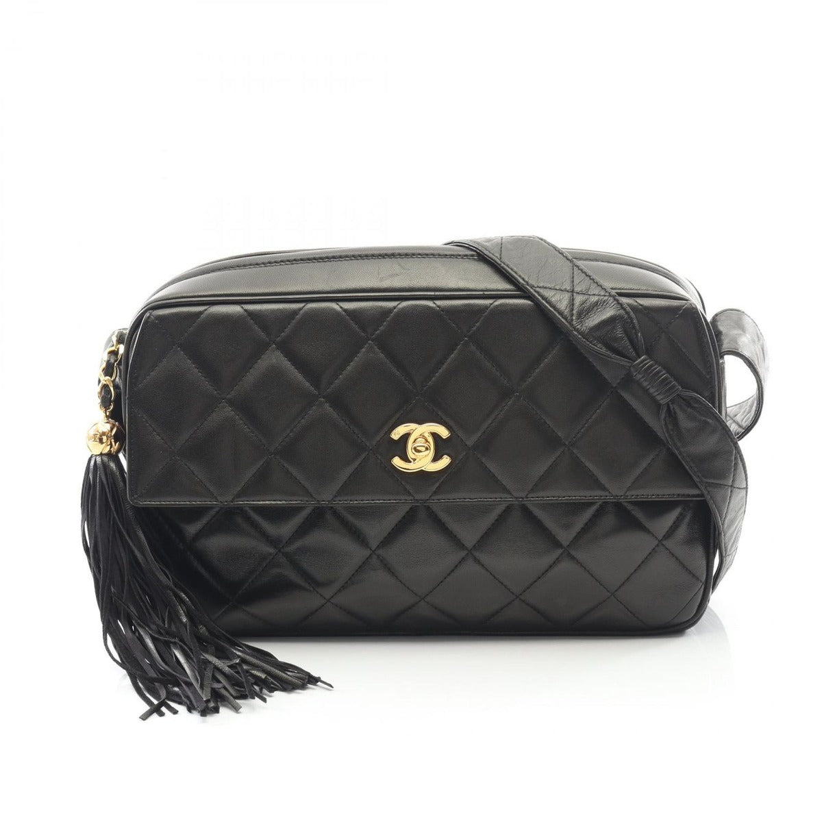 Chanel Shoulder Bag Quilted Black Lambskin Fringe