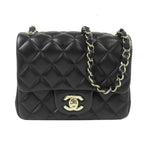 Chanel Chain Shoulder Bag Black Gold Lambskin CC Logo Mini Quilted 17