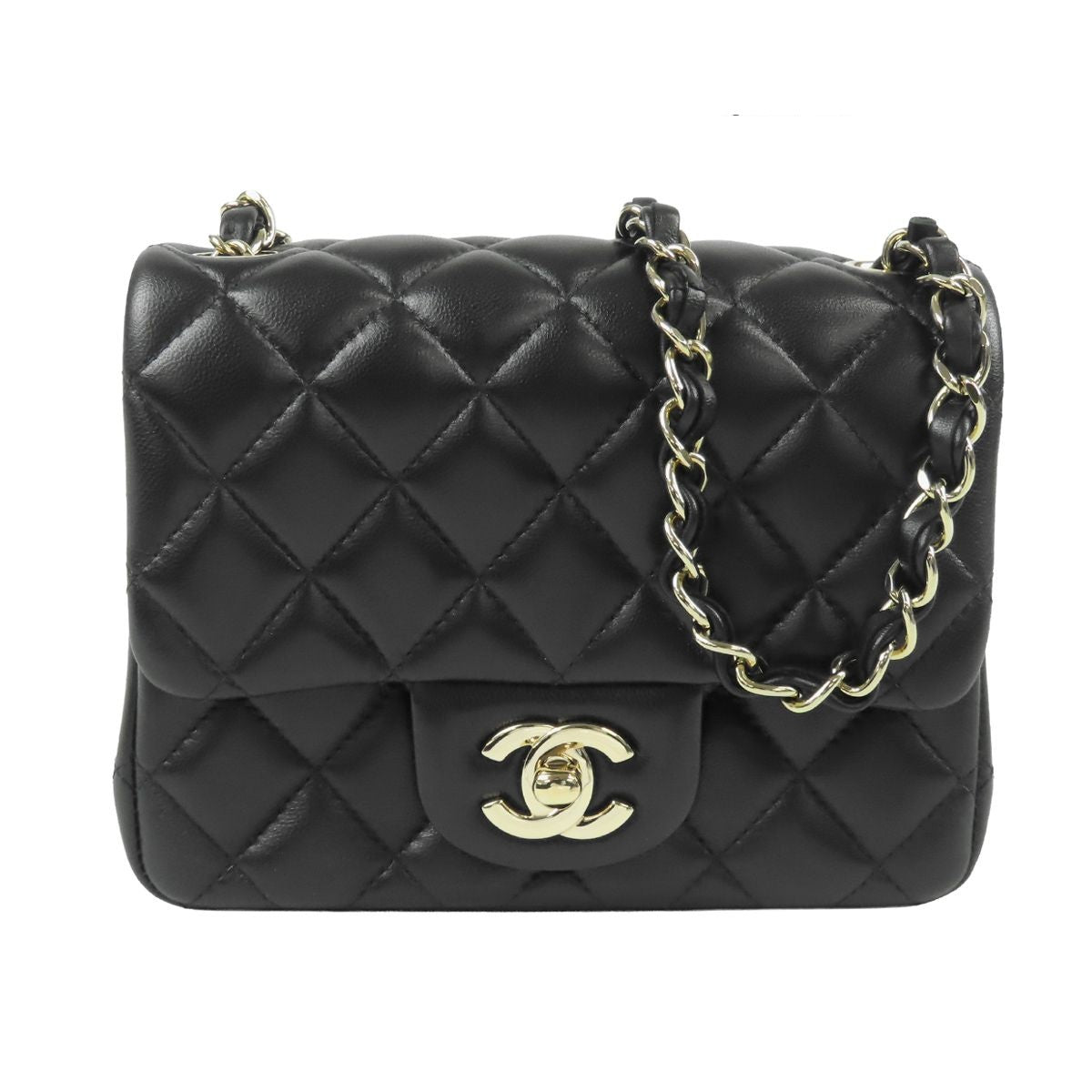Chanel Chain Shoulder Bag Black Gold Lambskin CC Logo Mini Quilted 17