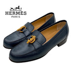 Hermes Loafers Leather Shoes Navy Gold Moccasins Chaine D'ancre