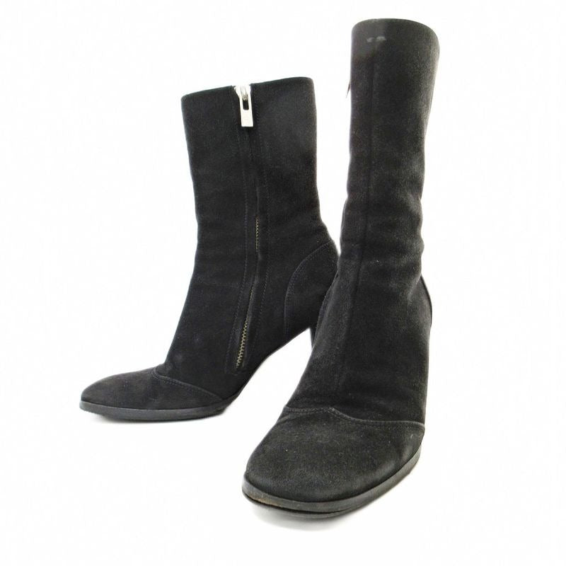 Chanel Suede Side Zip Middle Boots High Heels 36 Black 1205