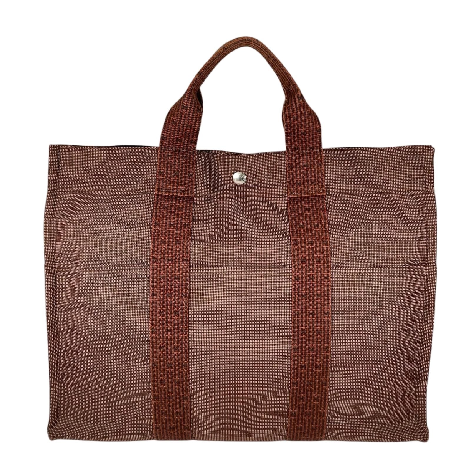 Hermes Her Line MM Canvas Cotton Brown Tote Silver
