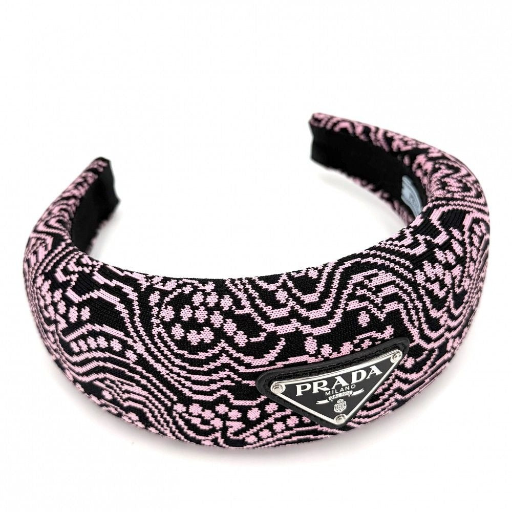 Prada Hair Headband Triangle Logo Canvas Black Pink Silver