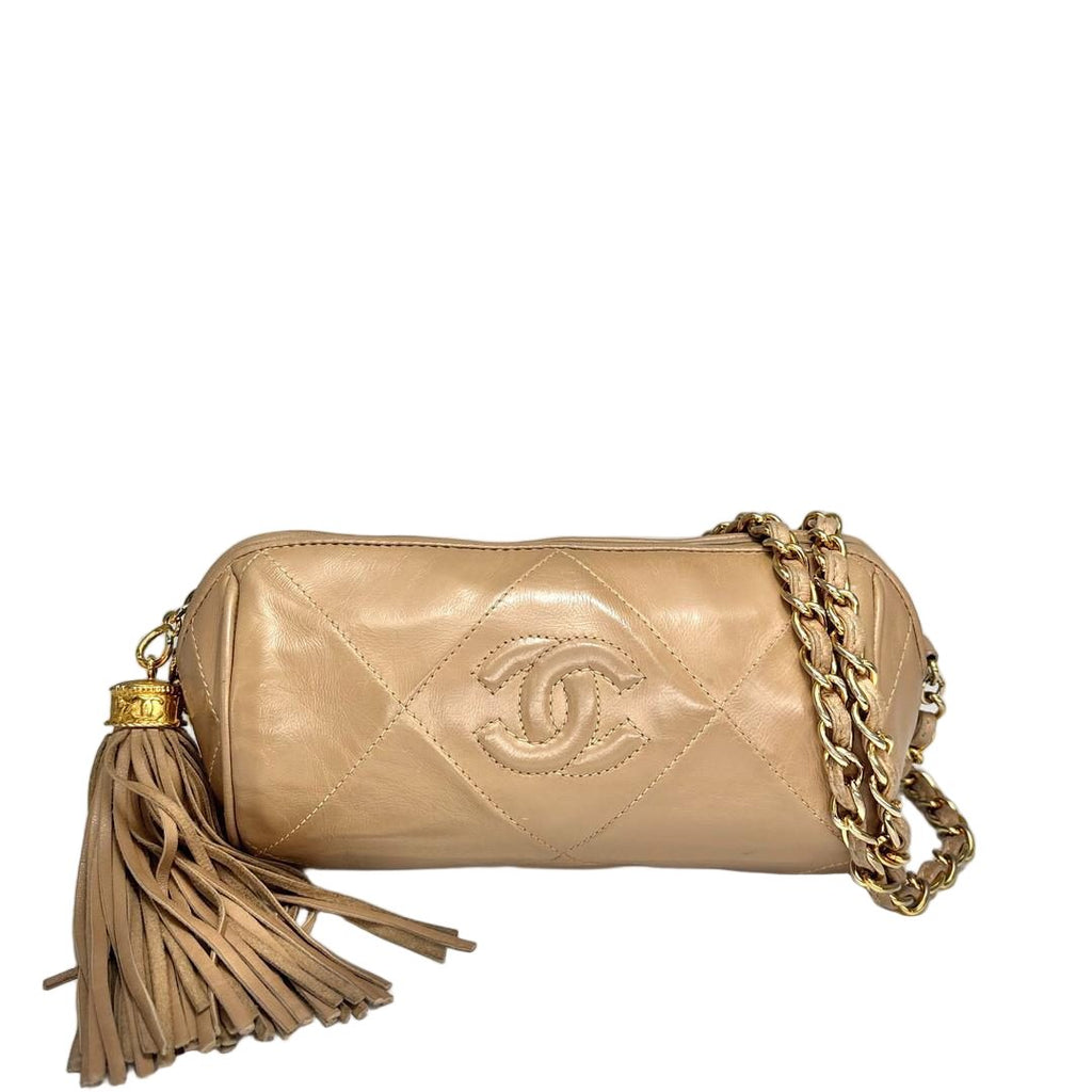 Chanel Super Fringe Quilted Lamb Shoulder Bag Beige