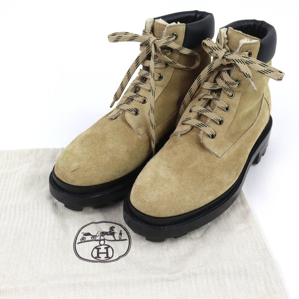 Hermes Fair Leather Lace Up Mouton Ankle Boots Short Beige 44 Handbag — view 2