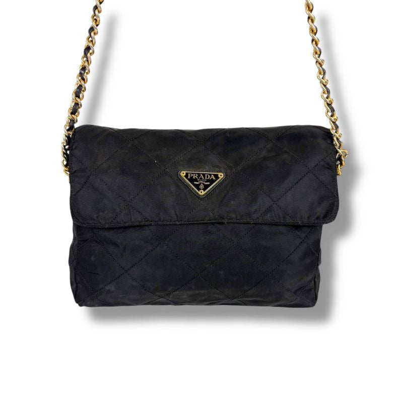 Prada Quilted Chain Shoulder Bag Triangle Logo Black Tessuto Nylon — view 2
