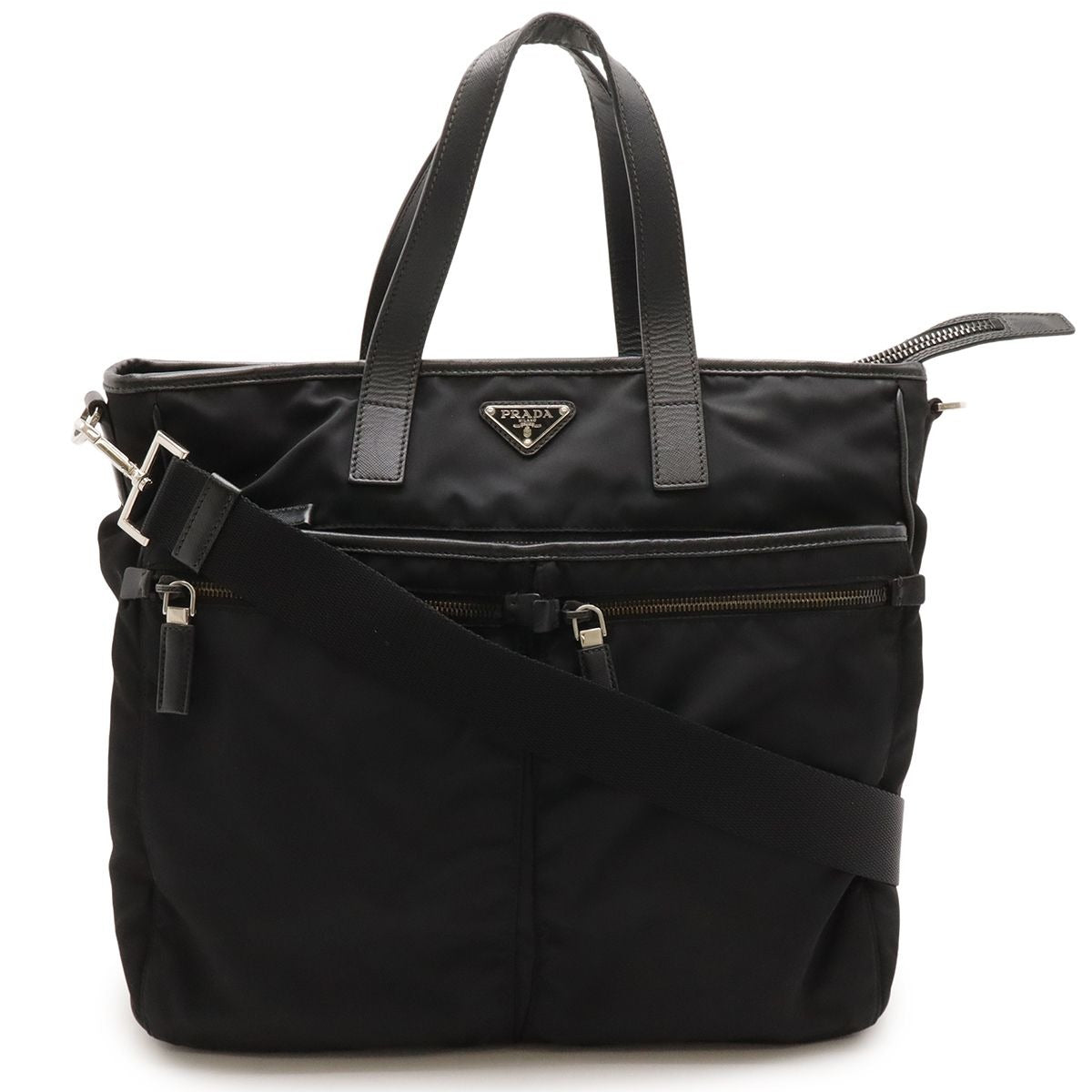 Prada Tote 2-Way Shoulder Bag Nylon Leather Nero Black Silver