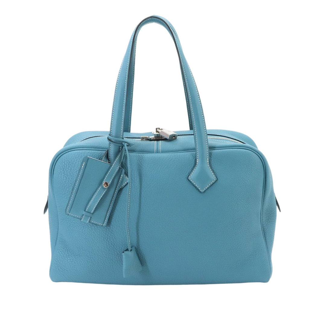 Hermes Victoria 35 Hand Bag Taurillon Clemence Blue Jean Silver