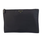 Prada Tessuto Triangle Logo Plate Black Silver Hardware Nylon Clutch Bag Second