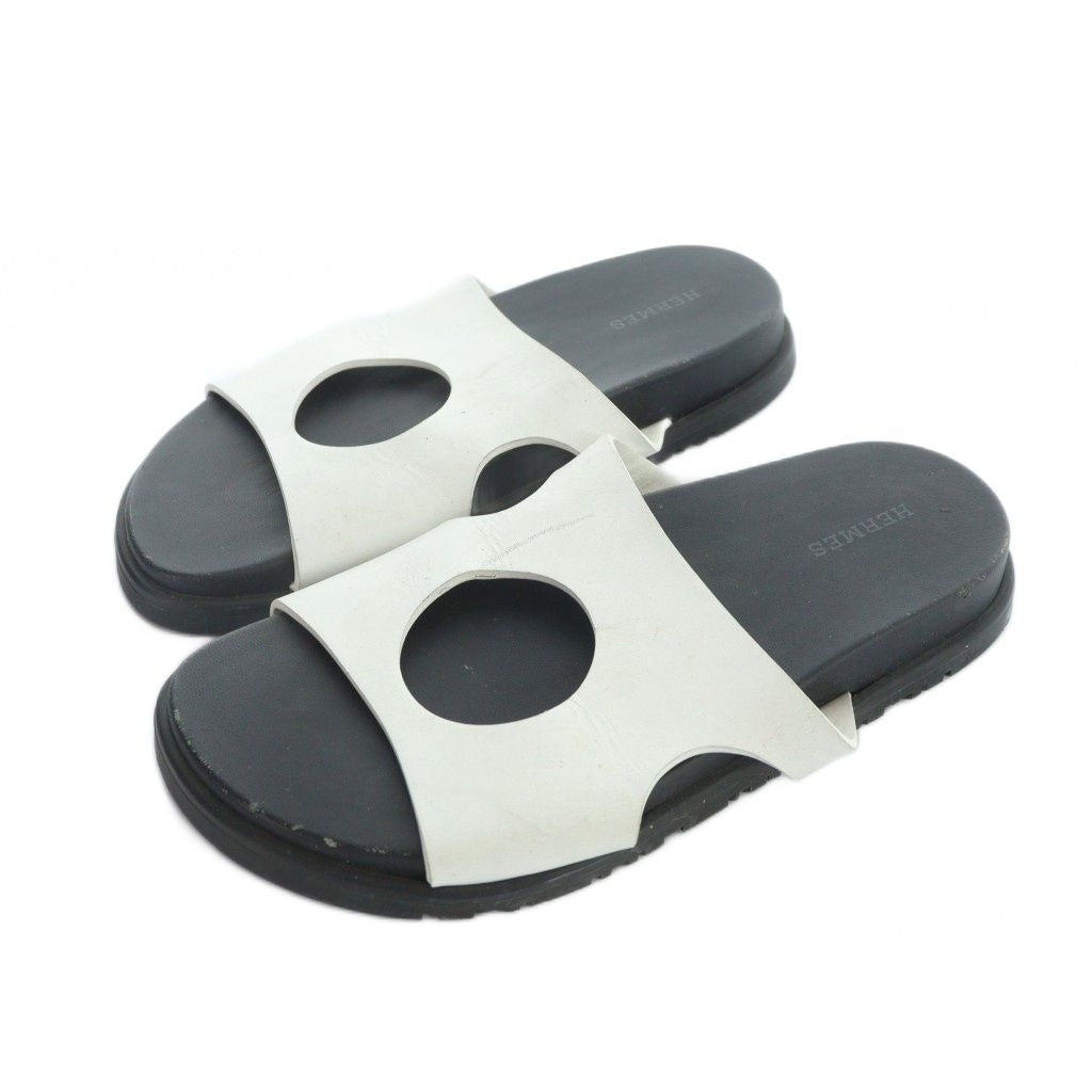 Hermes Edit Slide Sandals Flat Logo Leather 36 White Black