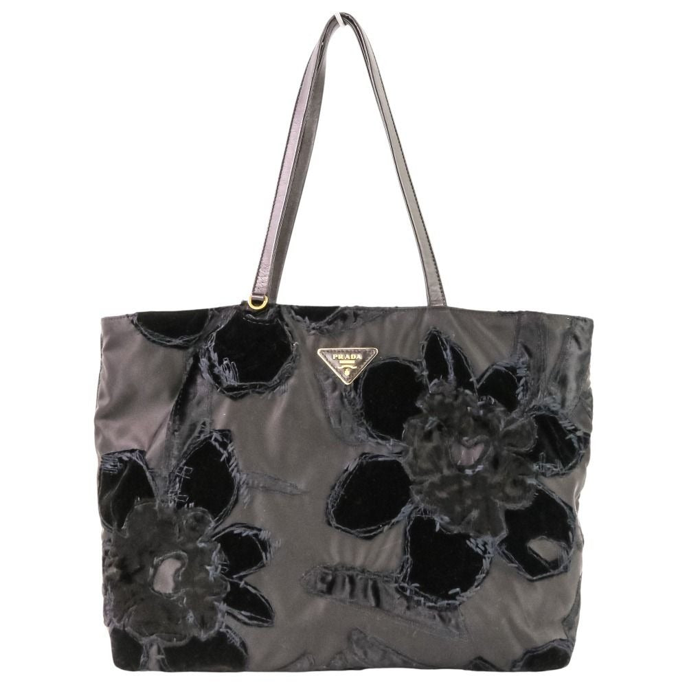 Prada Velvet Flower Nylon Tote Black