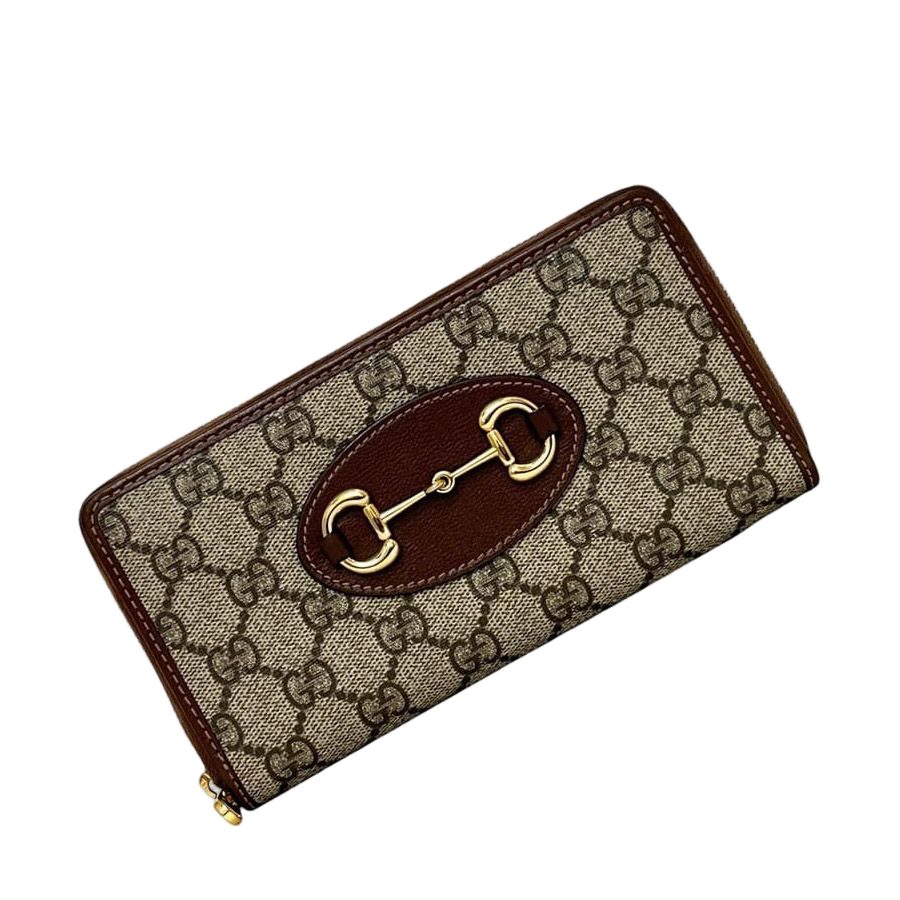 Gucci Zip Around Wallet Beige Brown Horsebit Leather GG Canvas Zipper