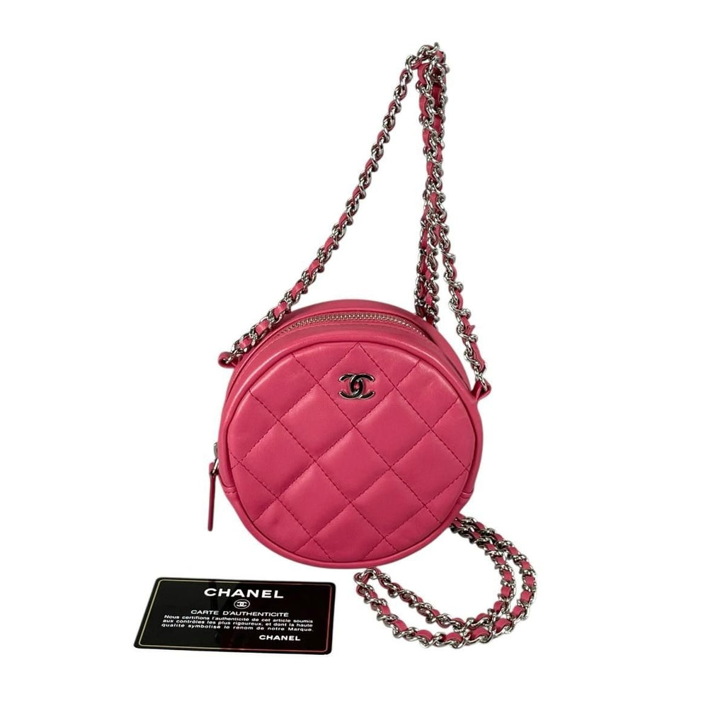 Chanel CC Logo Round Chain Quilted Mini Shoulder Bag Pink