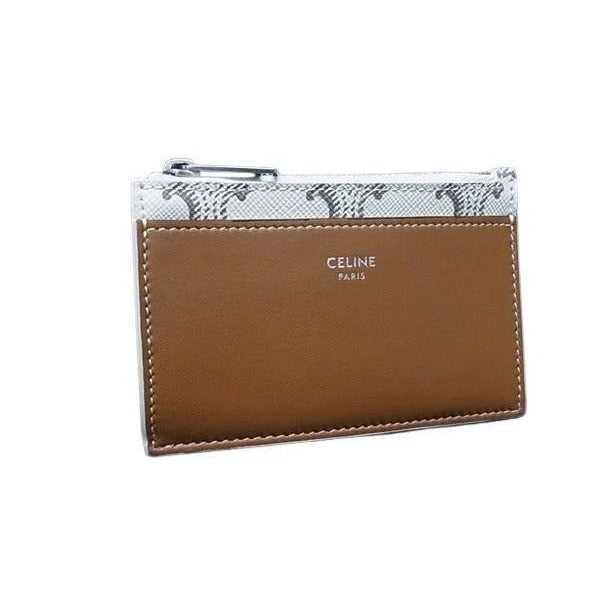 Celine Card Case Triomphe Fragment White Brown Leather