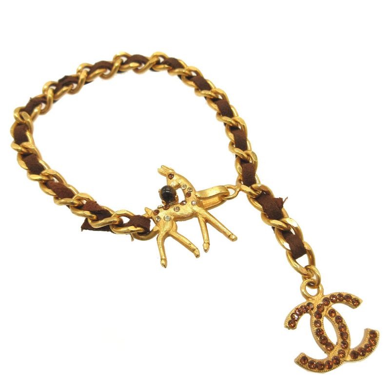 Chanel Coco Mark 01 A Colored Stone Bambi Metal Gold Brown Chain Bracelet 0072 — view 2