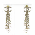 Chanel Pearl Chain Coco Mark Earrings Metal Rai White Gold B25 a S Rank